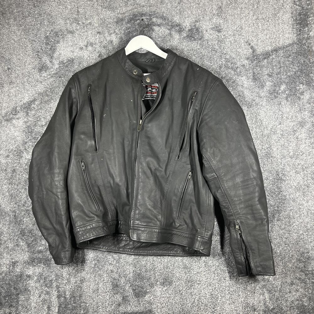 River Road Motorcycle Jacket Mens 44 Black Buffalo Leather Lined Zipped Pockets